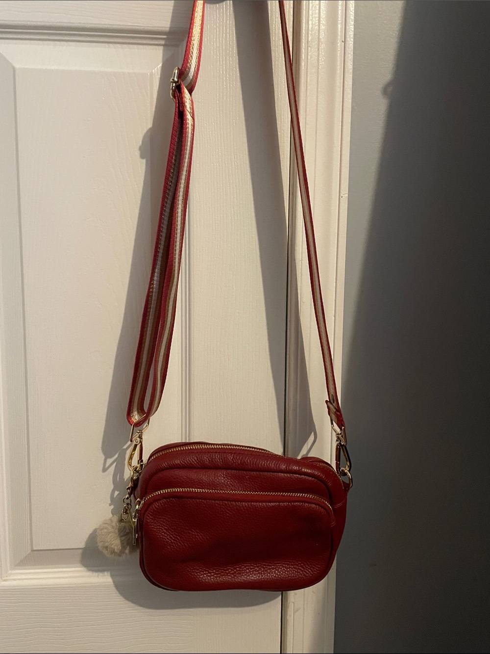Women’s Red Leather Crossbody Bag with Striped Adjustable Strap